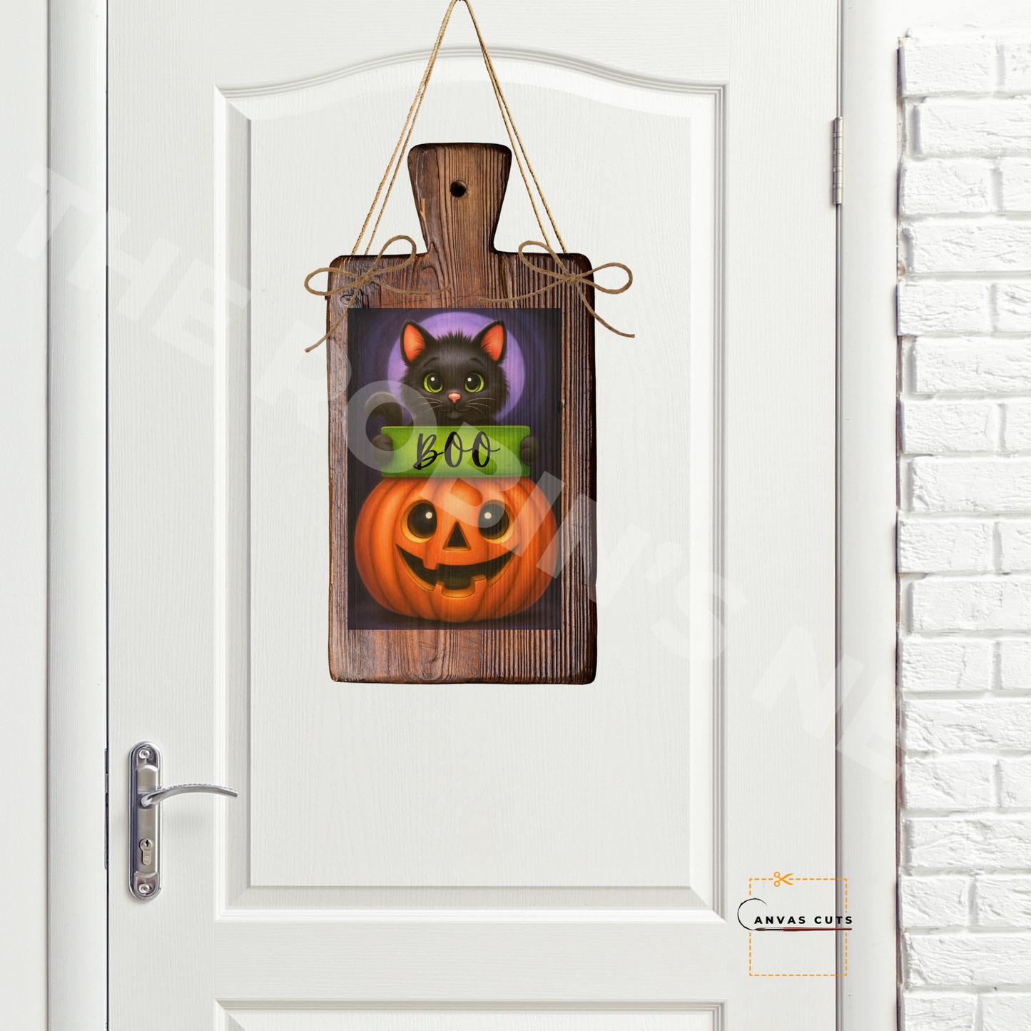 Black Cat on Jack-O’-Lantern with “Boo” – Personalizeable Printed Fine Art Canvas for DIY Crafting, Halloween Décor & Craft Shows