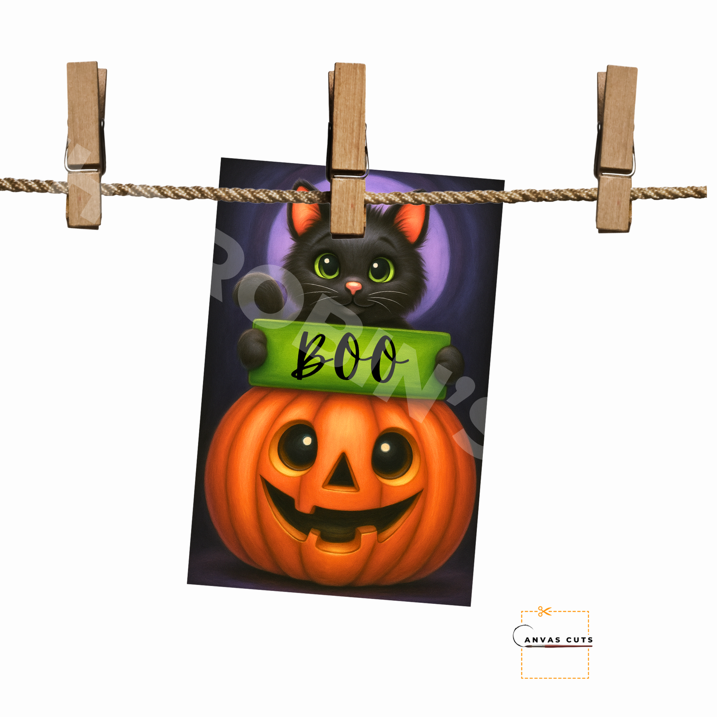 Black Cat on Jack-O’-Lantern with “Boo” – Personalizeable Printed Fine Art Canvas for DIY Crafting, Halloween Décor & Craft Shows