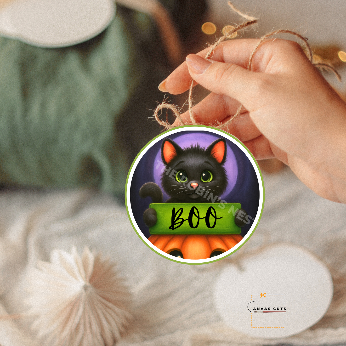 Black Cat on Jack-O’-Lantern with “Boo” – Personalizeable Printed Fine Art Canvas for DIY Crafting, Halloween Décor & Craft Shows