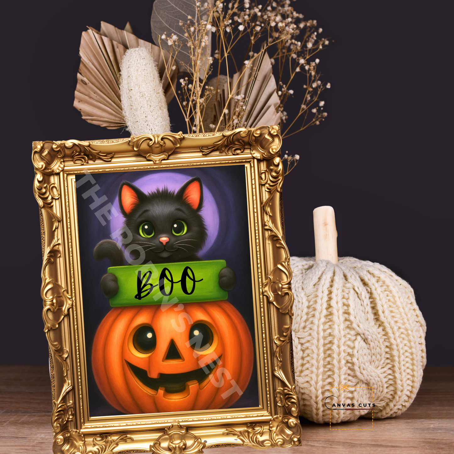 Black Cat on Jack-O’-Lantern with “Boo” – Personalizeable Printed Fine Art Canvas for DIY Crafting, Halloween Décor & Craft Shows