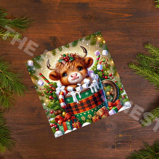 Highland Christmas Cow Personalizeable Printed Fine Art Canvas for DIY Crafting, Home Décor & Craft Shows