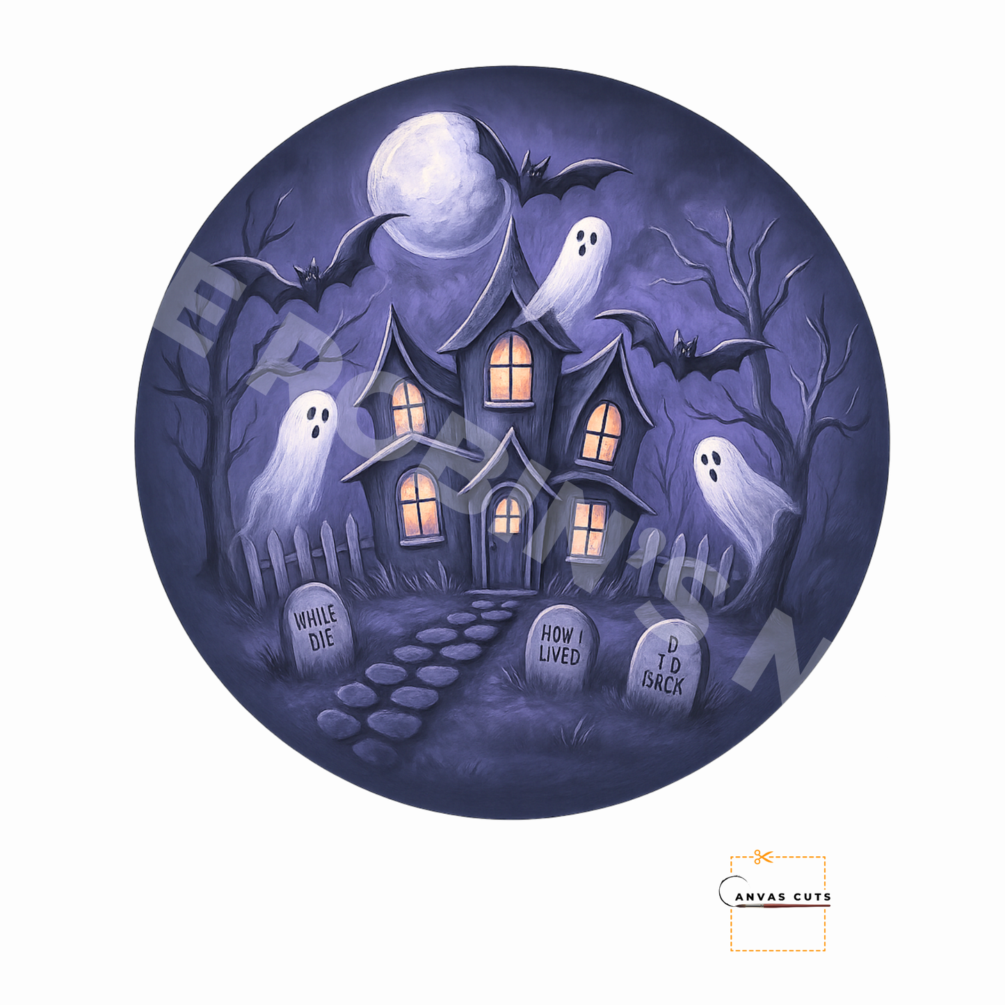 Haunted House on Circle – Personalizeable Printed Fine Art Canvas for DIY Crafting, Halloween Décor & Craft Shows