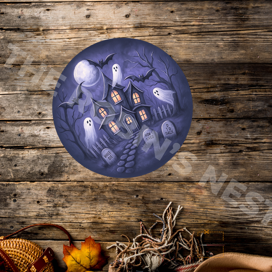 Haunted House on Circle – Personalizeable Printed Fine Art Canvas for DIY Crafting, Halloween Décor & Craft Shows