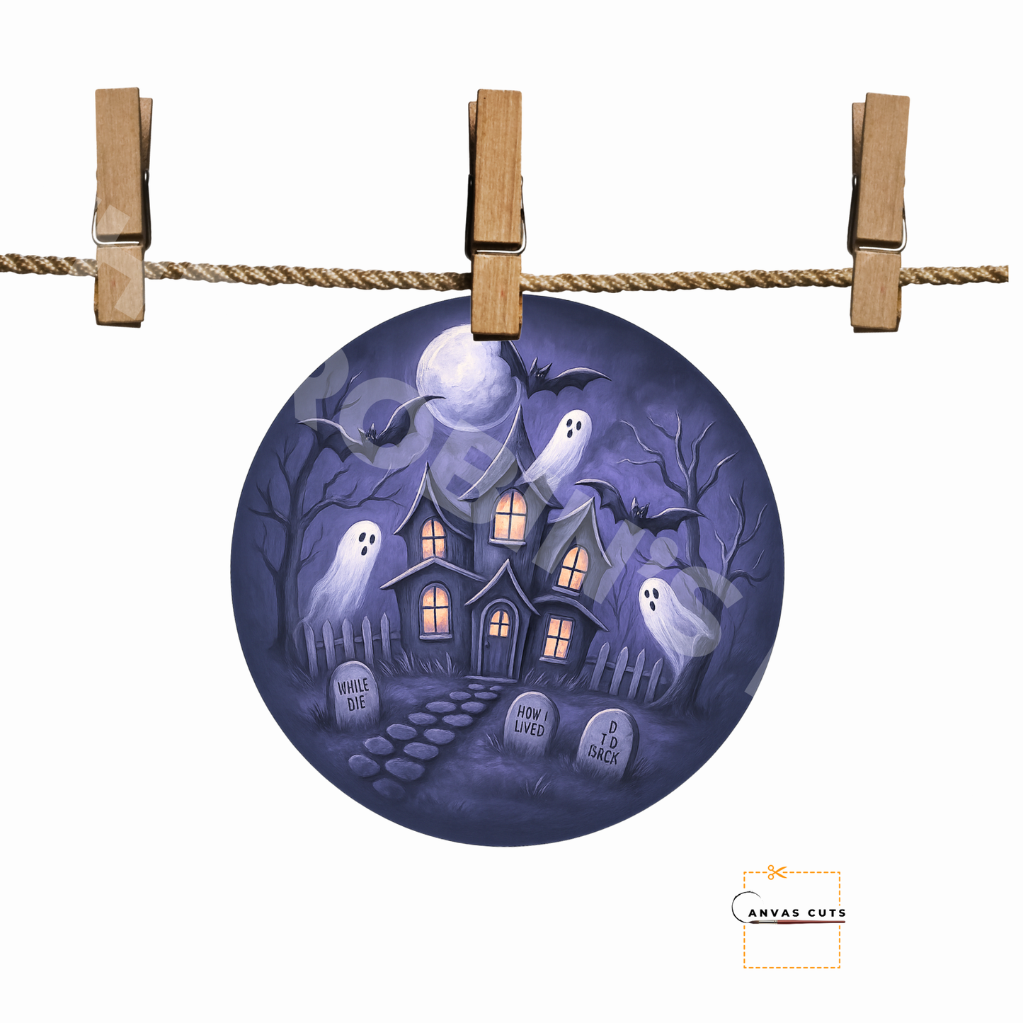 Haunted House on Circle – Personalizeable Printed Fine Art Canvas for DIY Crafting, Halloween Décor & Craft Shows
