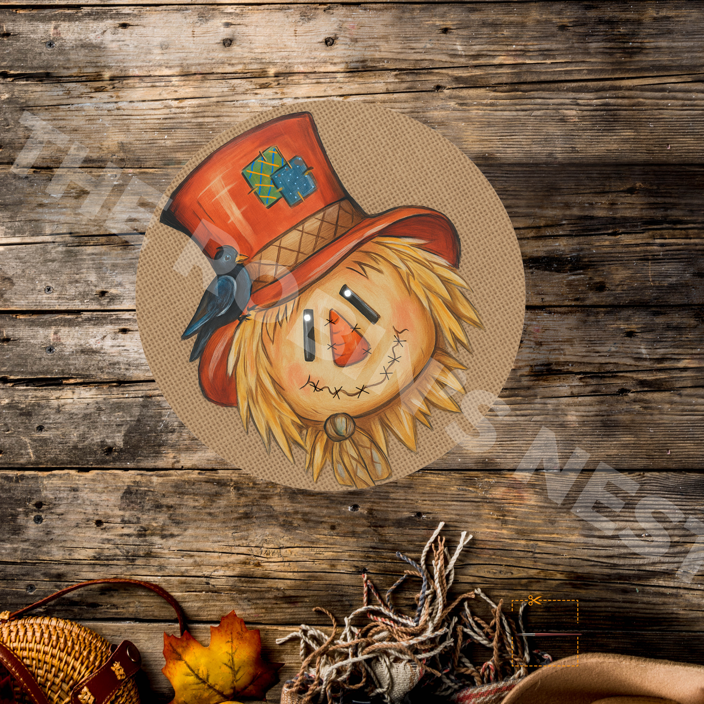 Scarecrow on Circle – Personalizeable Printed Fine Art Canvas for DIY Crafting, Fall Décor & Craft Shows