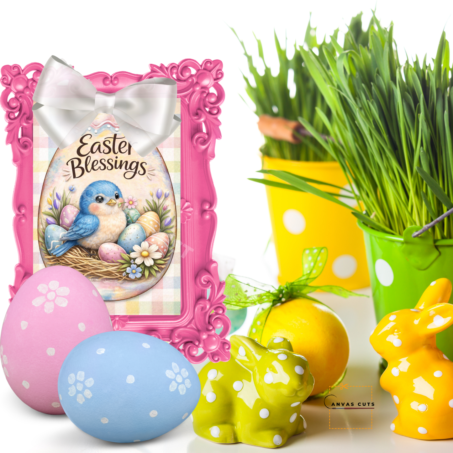 Easter Bluebird Canvas – Pastel Plaid Nest Design