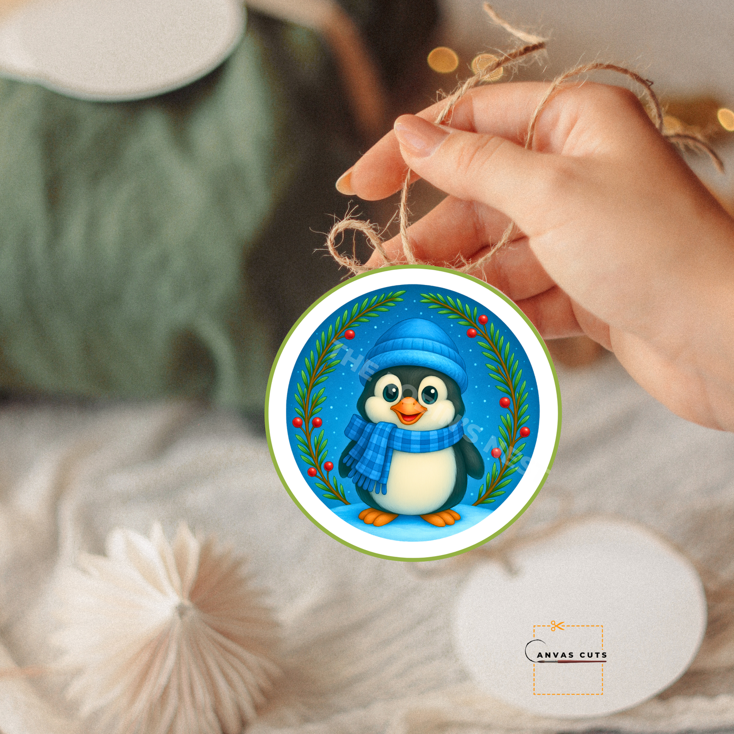 Penguin with Holly Berries – Christmas Craft Canvas for Door Hangers, Wreaths & Holiday Signs