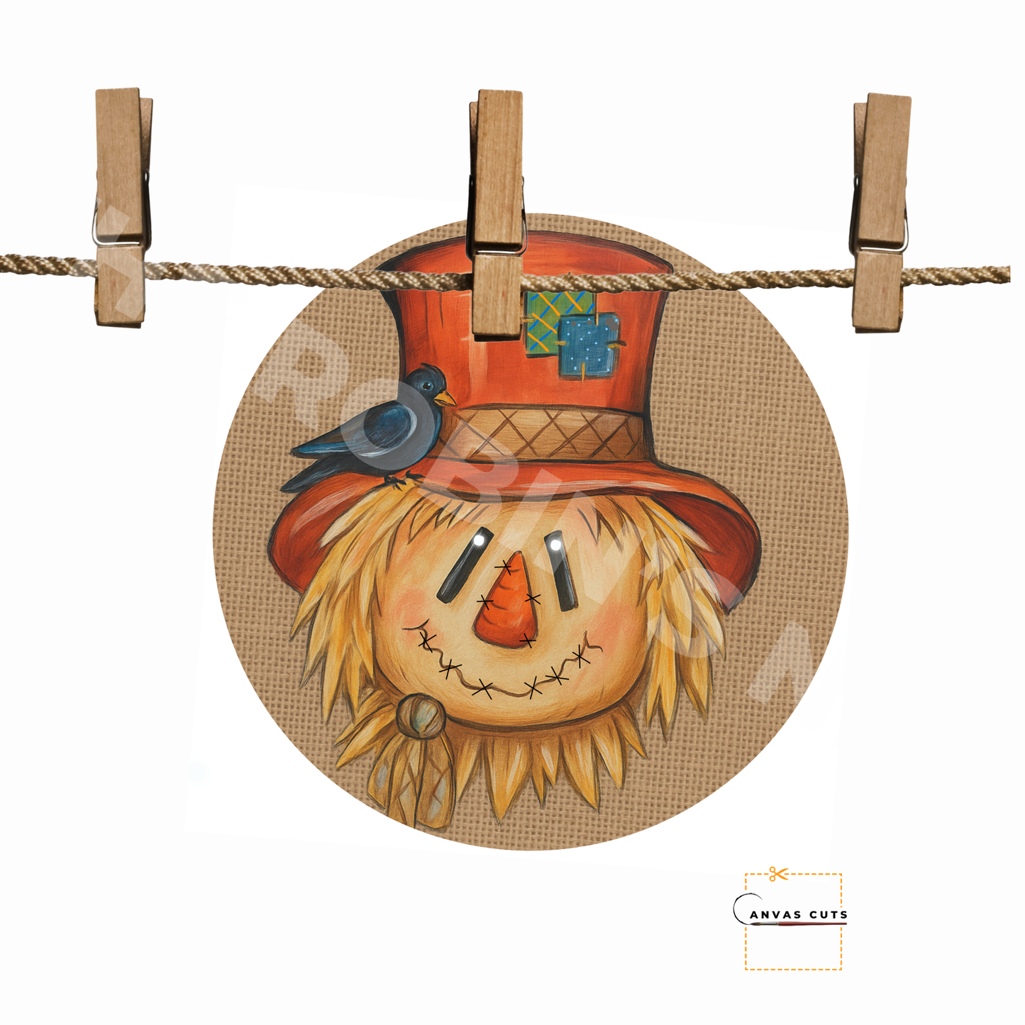 Scarecrow on Circle – Personalizeable Printed Fine Art Canvas for DIY Crafting, Fall Décor & Craft Shows