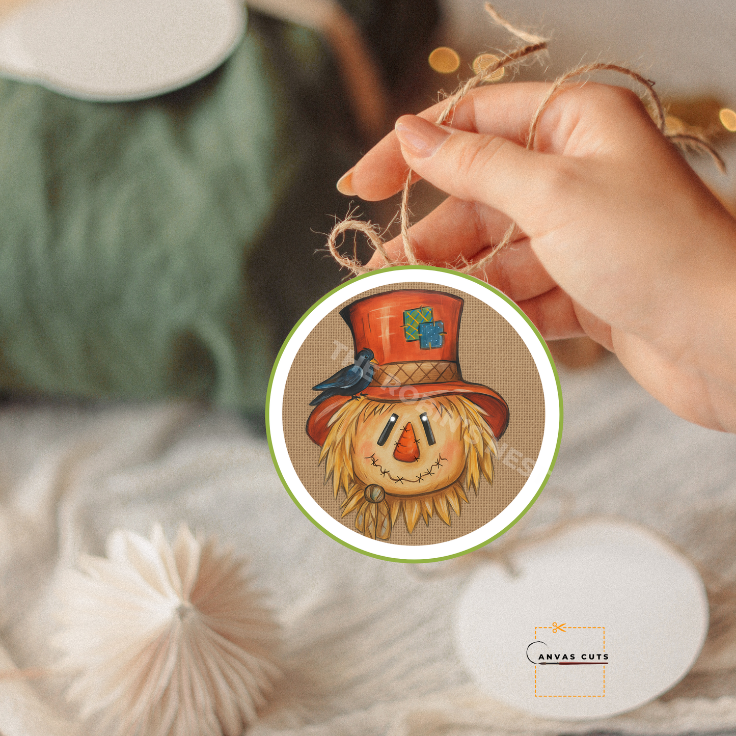 Scarecrow on Circle – Personalizeable Printed Fine Art Canvas for DIY Crafting, Fall Décor & Craft Shows