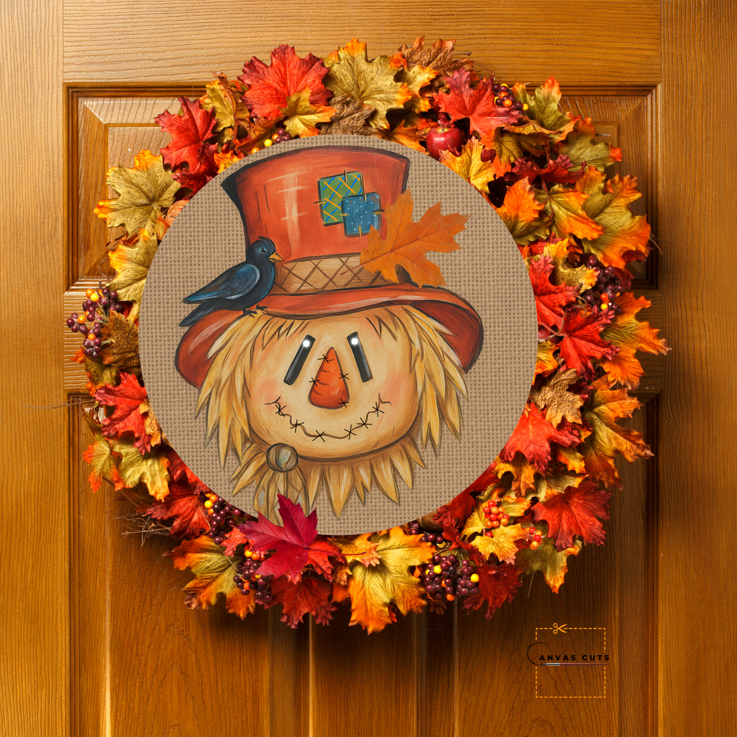 Scarecrow on Circle – Personalizeable Printed Fine Art Canvas for DIY Crafting, Fall Décor & Craft Shows