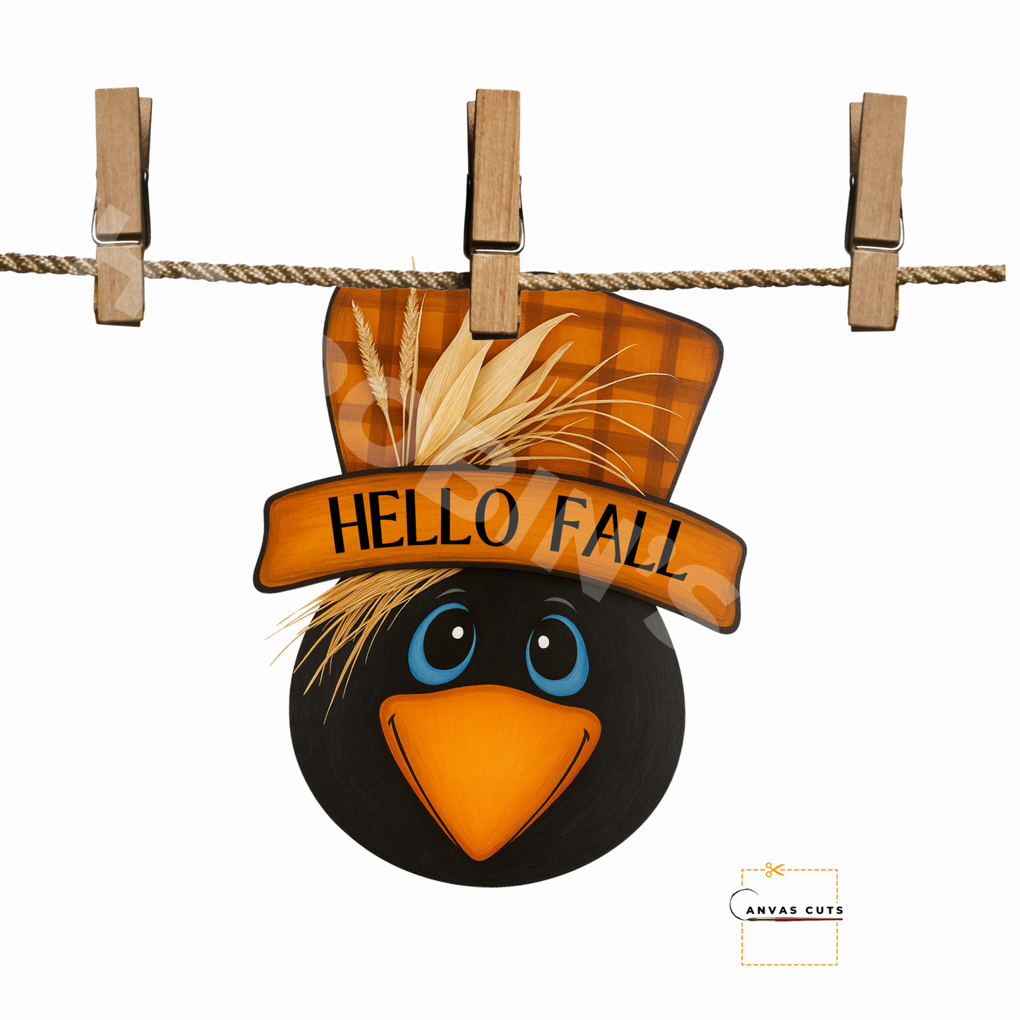 Crow with Scarecrow Hat – Hello Fall – Personalizeable Printed Fine Art Canvas for DIY Crafting, Autumn Décor & Craft Shows