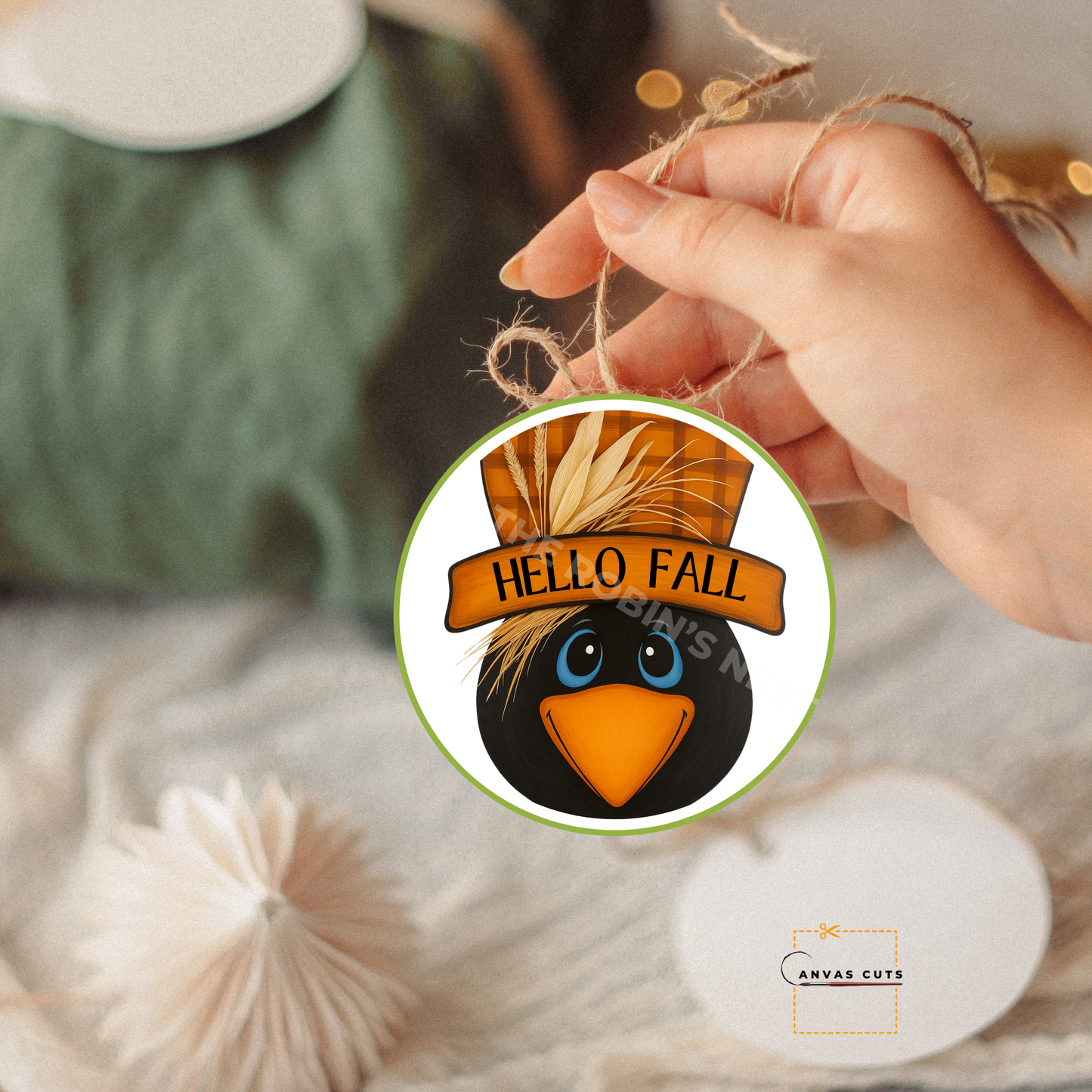 Crow with Scarecrow Hat – Hello Fall – Personalizeable Printed Fine Art Canvas for DIY Crafting, Autumn Décor & Craft Shows