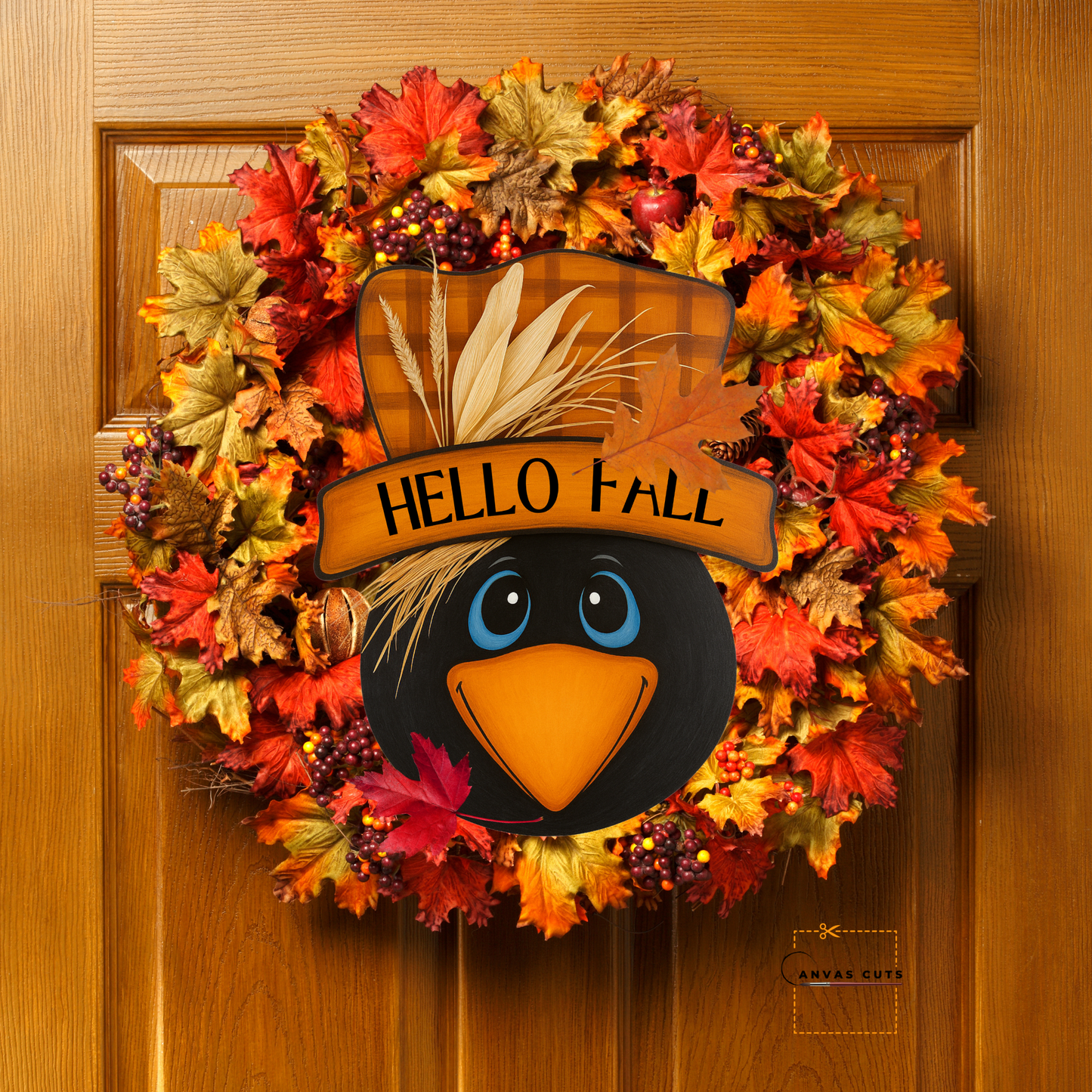 Crow with Scarecrow Hat – Hello Fall – Personalizeable Printed Fine Art Canvas for DIY Crafting, Autumn Décor & Craft Shows