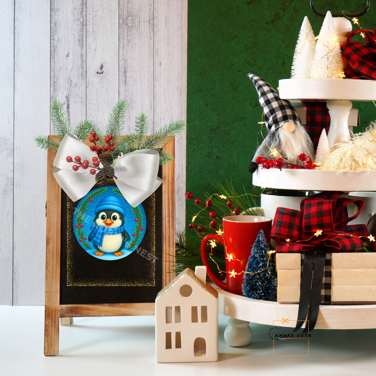 Penguin with Holly Berries – Christmas Craft Canvas for Door Hangers, Wreaths & Holiday Signs