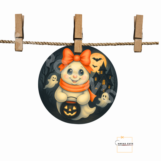 Rosie the Boo-tiful Bow Ghost Sign on Circle – Printed Fine Art Canvas for DIY Crafting, Halloween Décor & Craft Shows