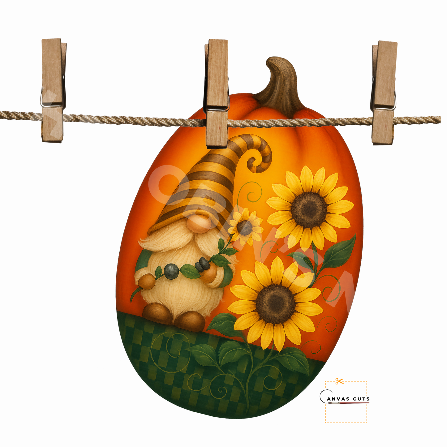 Fall Gnome with Sunflowers on a Gourd – Personalizeable Printed Fine Art Canvas for DIY Crafting, Autumn Décor & Craft Shows