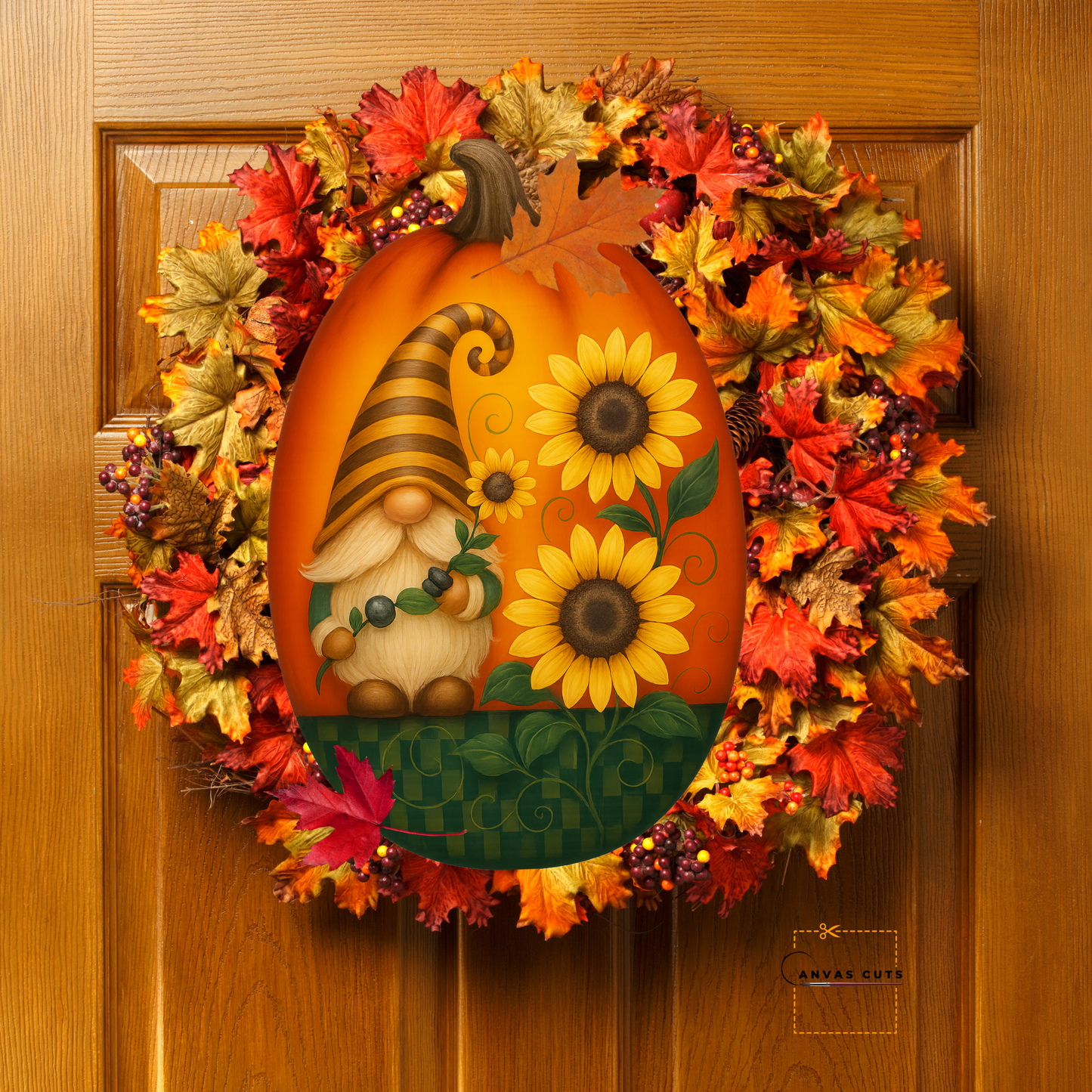 Fall Gnome with Sunflowers on a Gourd – Personalizeable Printed Fine Art Canvas for DIY Crafting, Autumn Décor & Craft Shows