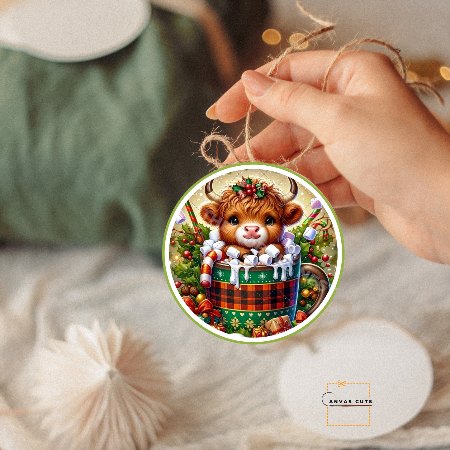Highland Christmas Cow Personalizeable Printed Fine Art Canvas for DIY Crafting, Home Décor & Craft Shows