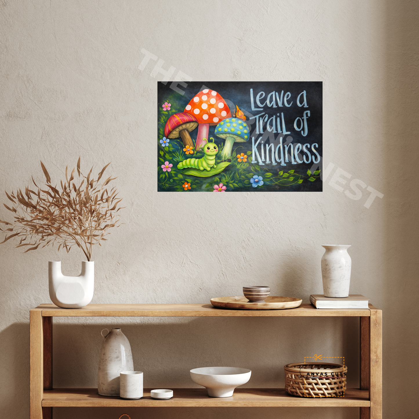 Whimsical Mushroom & Caterpillar Canvas Print – Leave a Trail of Kindness Garden Decor