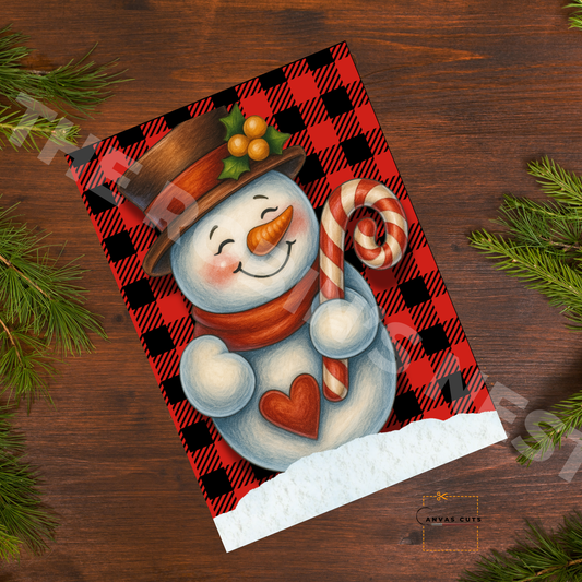 Snowman Holding a Candy Cane with Buffalo Plaid Background – Personalizeable Canvas Cut for DIY Crafting, Home Décor & Craft Shows
