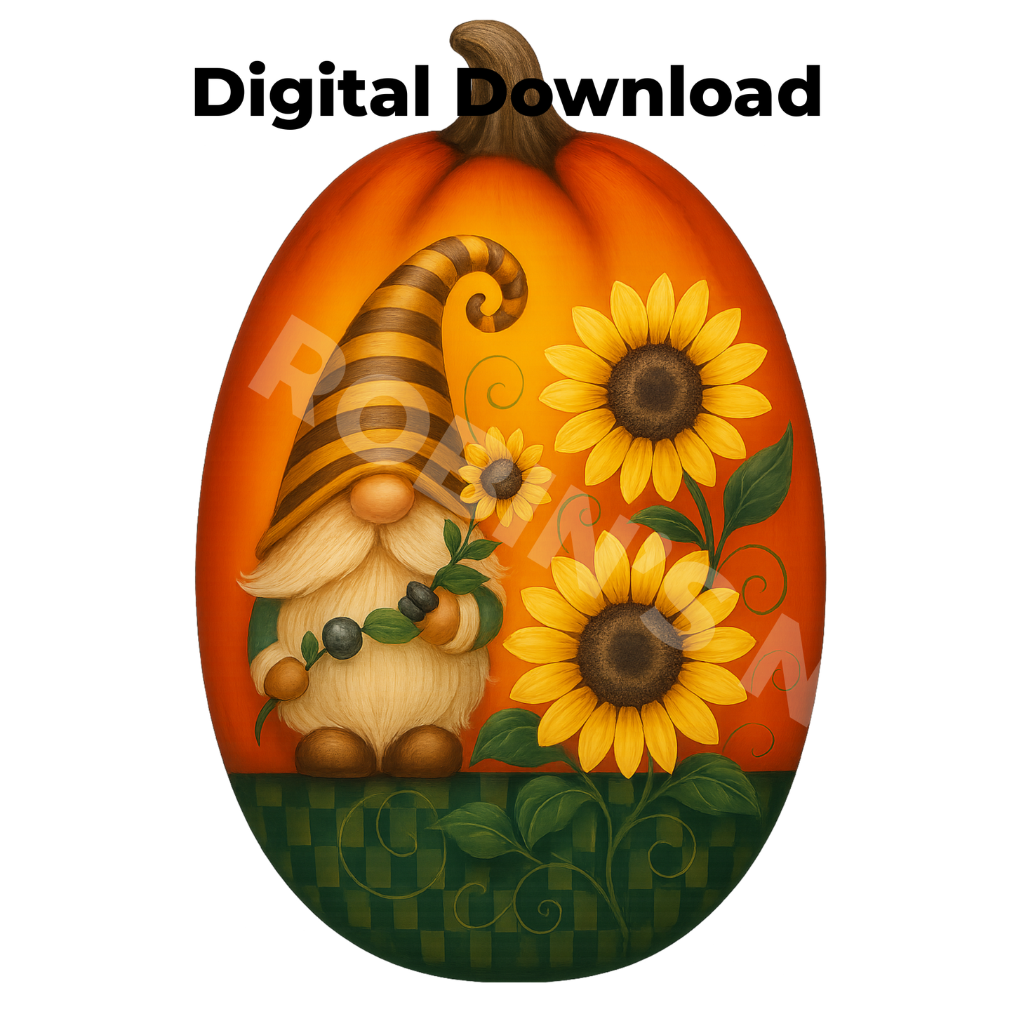 Pumpkin with Gnome & Sunflowers Printable Design | Digital Download PDF & PNG