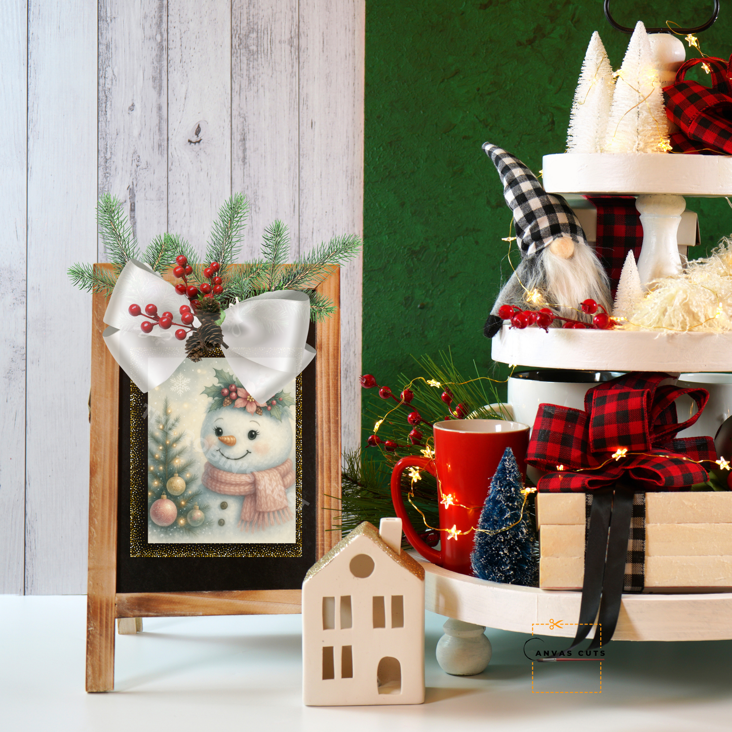 Pastel Pink Snowlady with Poinsettia Crown • Rustic Farmhouse Holiday Canvas Cut