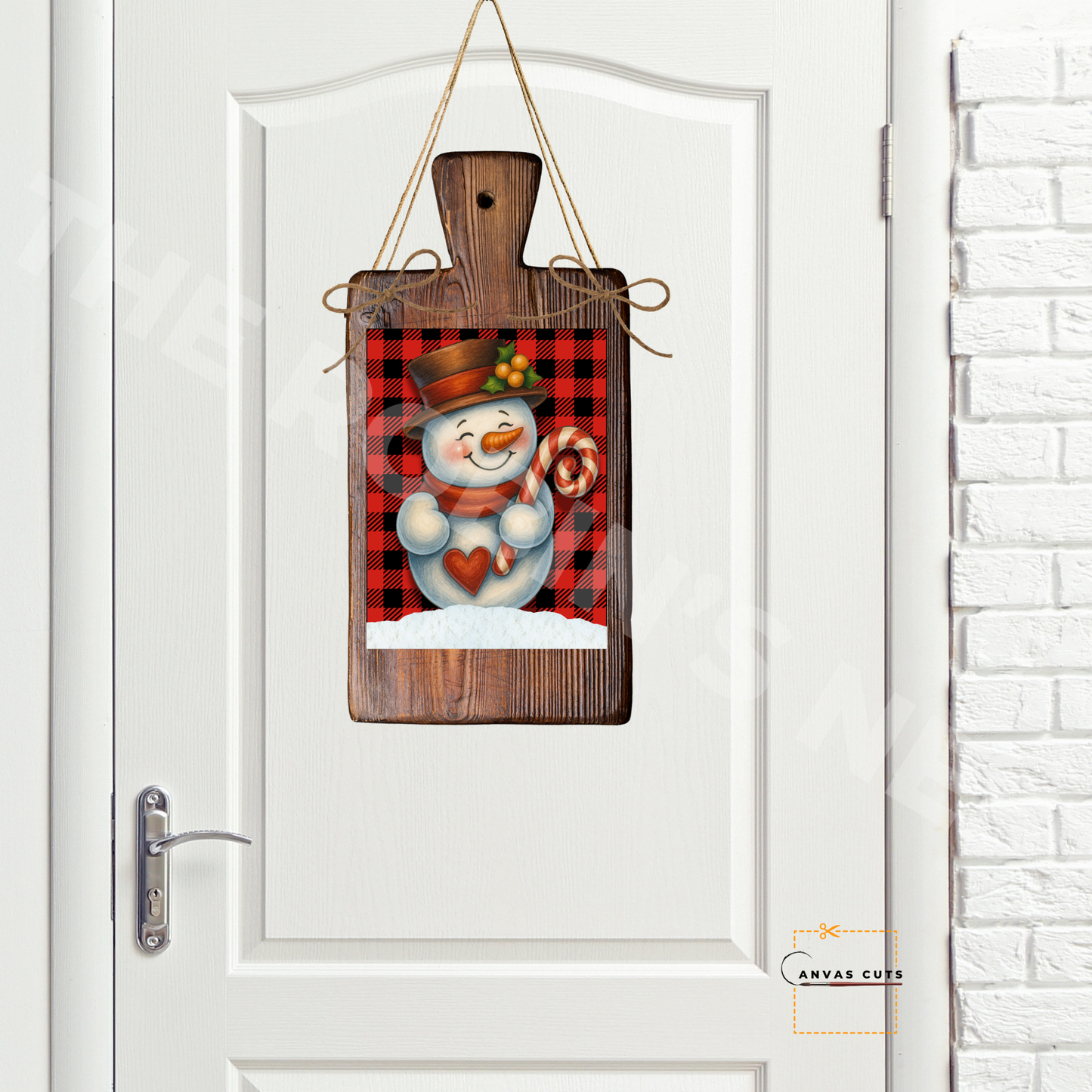 Snowman Holding a Candy Cane with Buffalo Plaid Background – Personalizeable Canvas Cut for DIY Crafting, Home Décor & Craft Shows