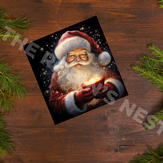 Santa Holding a Red Mug of Cocoa with Winter Magic