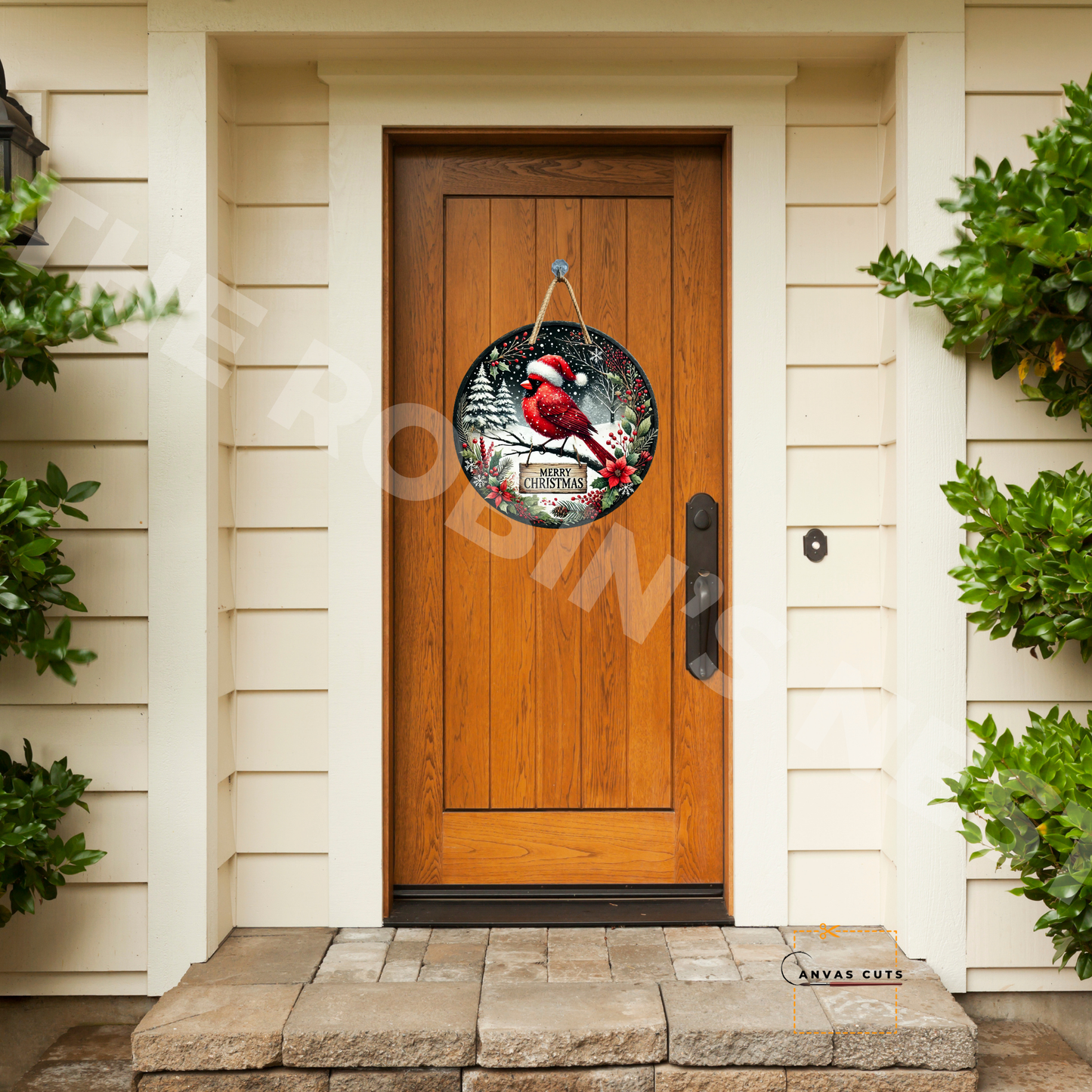 Circle Shape Red Cardinal in a Santa Hat with “Merry Christmas” Canvas Cut