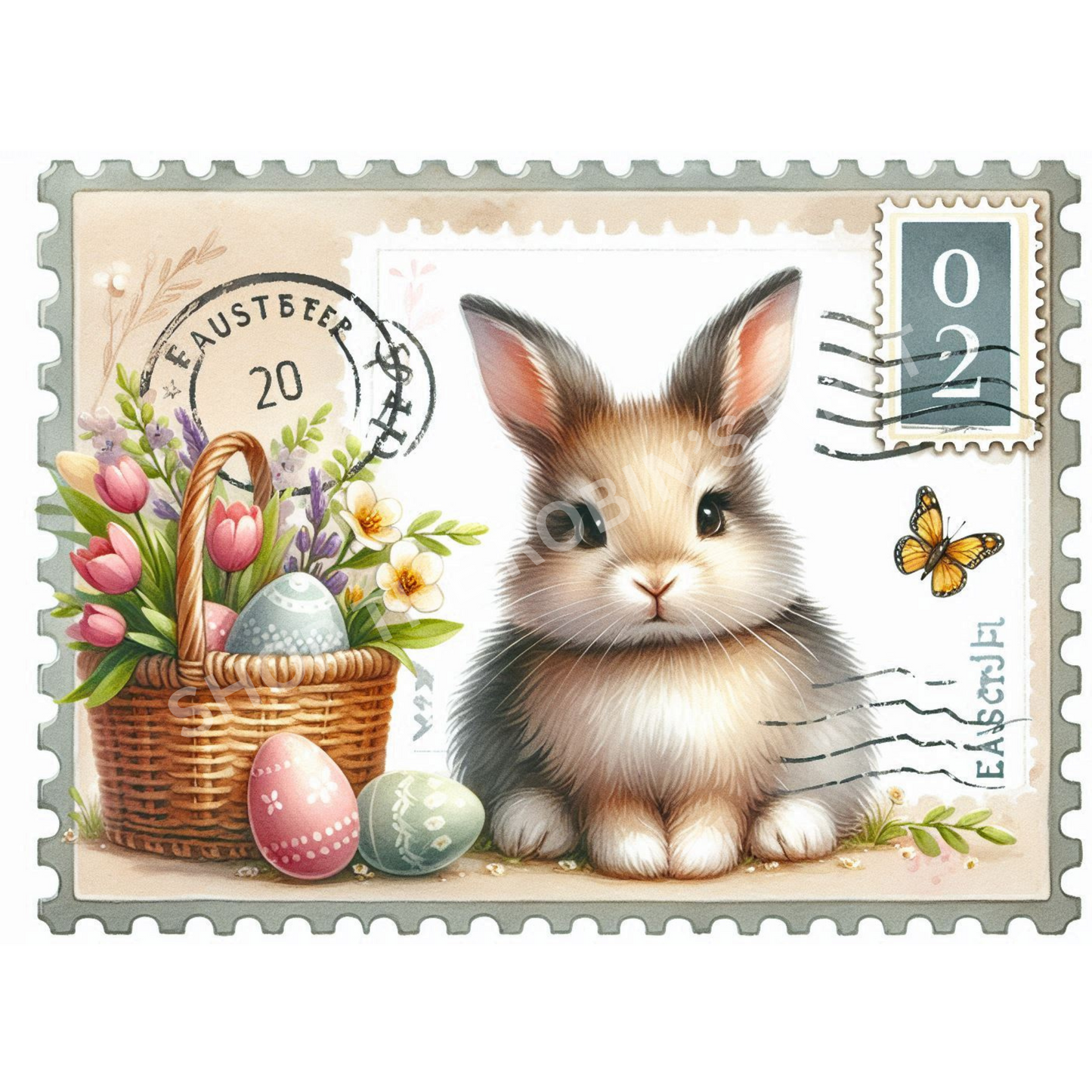 Easter Rabbit Postcard with Basket Fabric Canvas