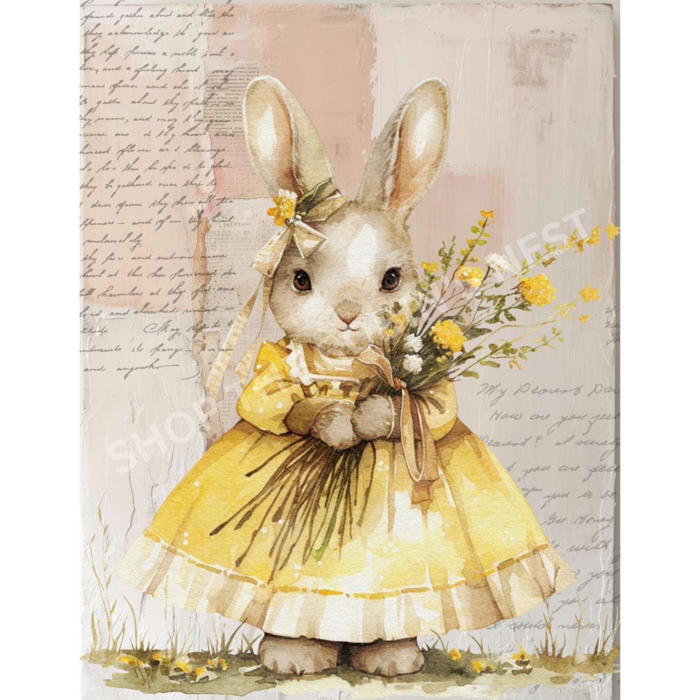 Spring Victorian Rabbit with Bouquet Fabric Canvas