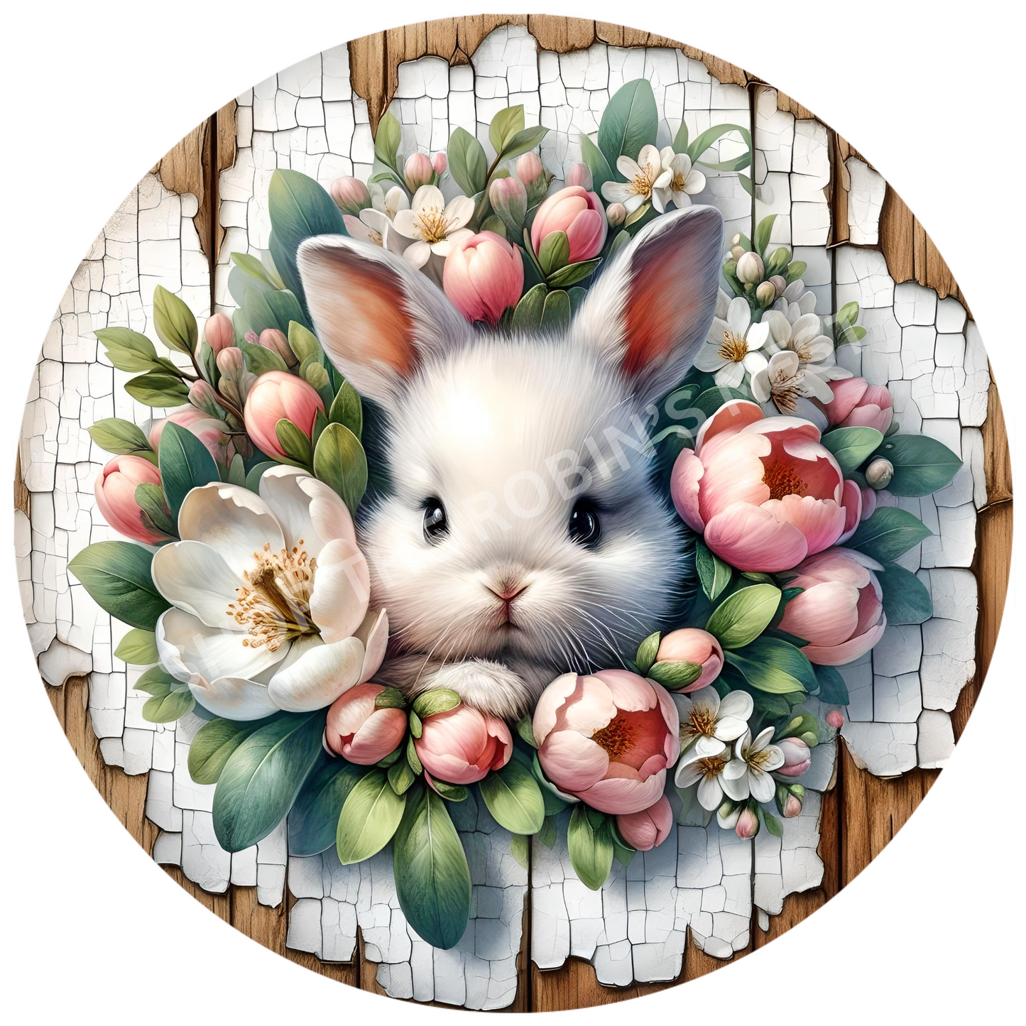 Easter Round Bunny Distressed Wood Wreath Sign Fabric Canvas