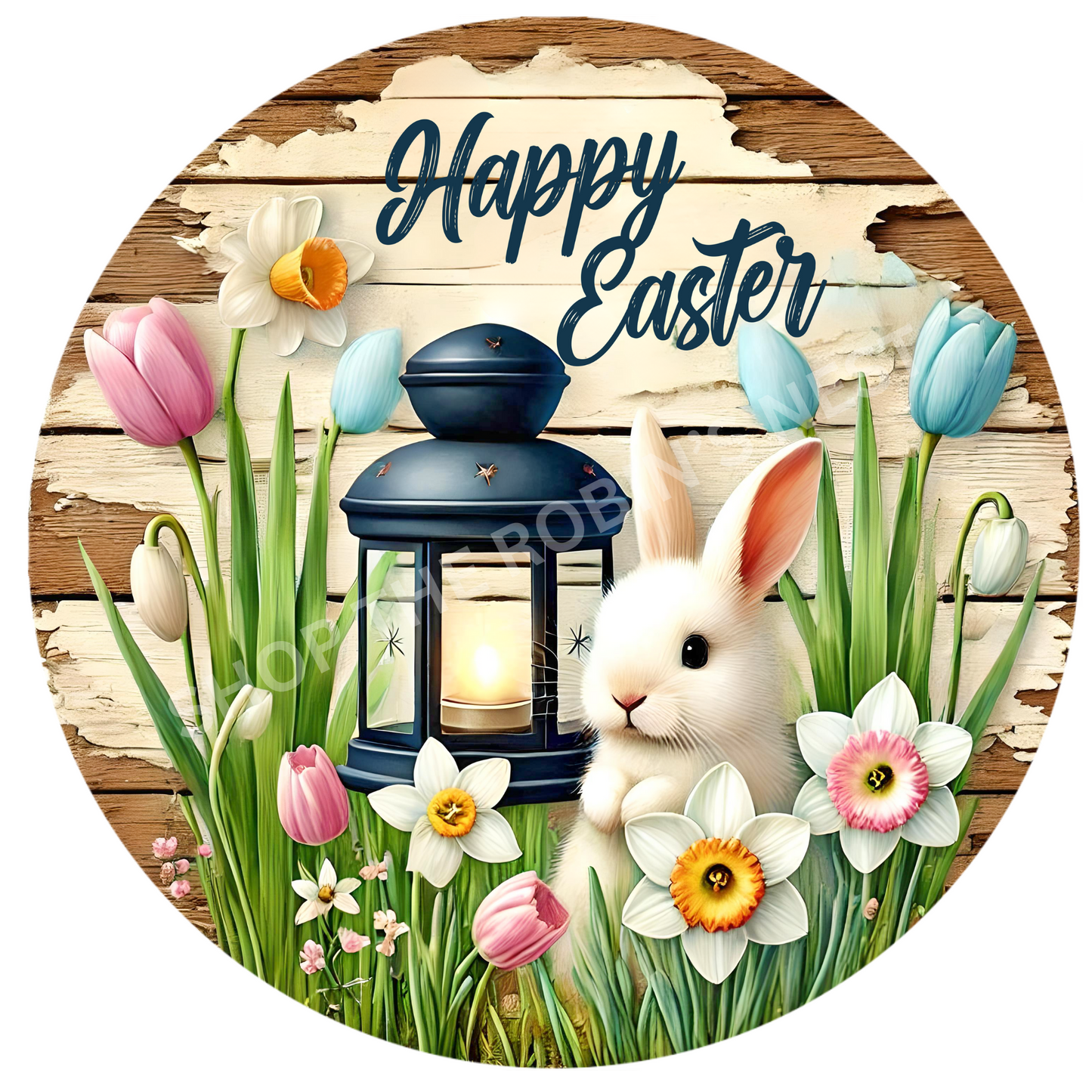 Spring Round Bunny with Lantern Wreath Sign Fabric Canvas