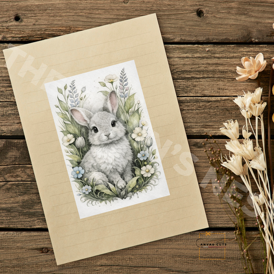 Lovely Grey Bunny in a Flowery Meadow
