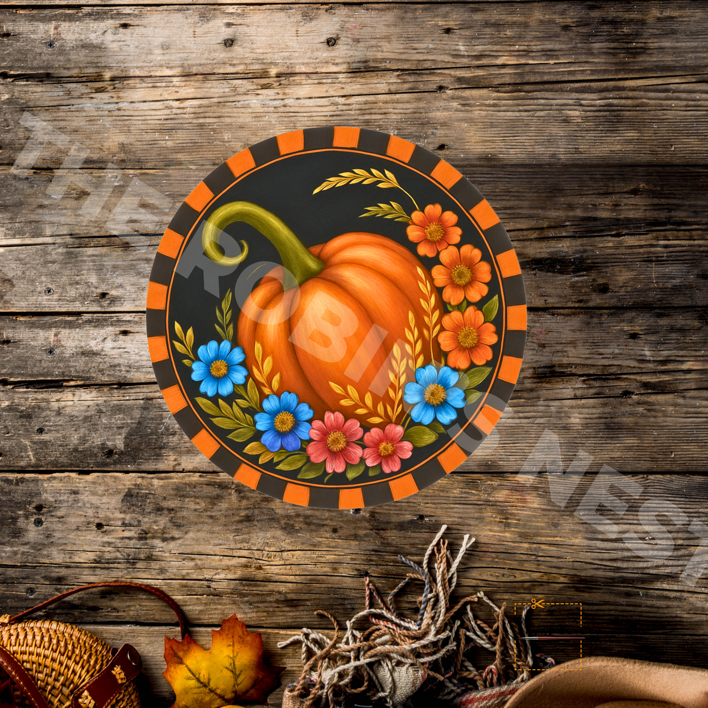 Pumpkin with Blue & Orange Flowers – Fall Craft Canvas with Orange & Black Border for Door Hangers & Signs