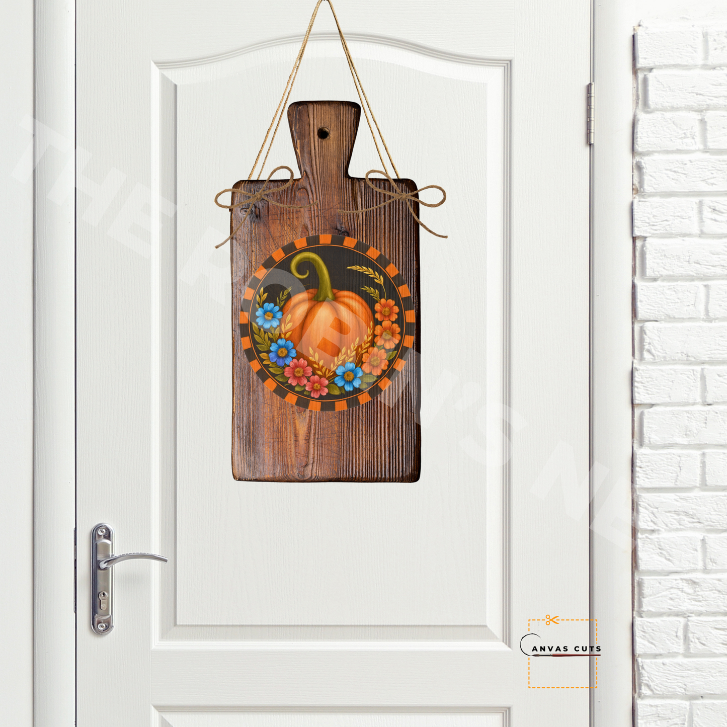 Pumpkin with Blue & Orange Flowers – Fall Craft Canvas with Orange & Black Border for Door Hangers & Signs