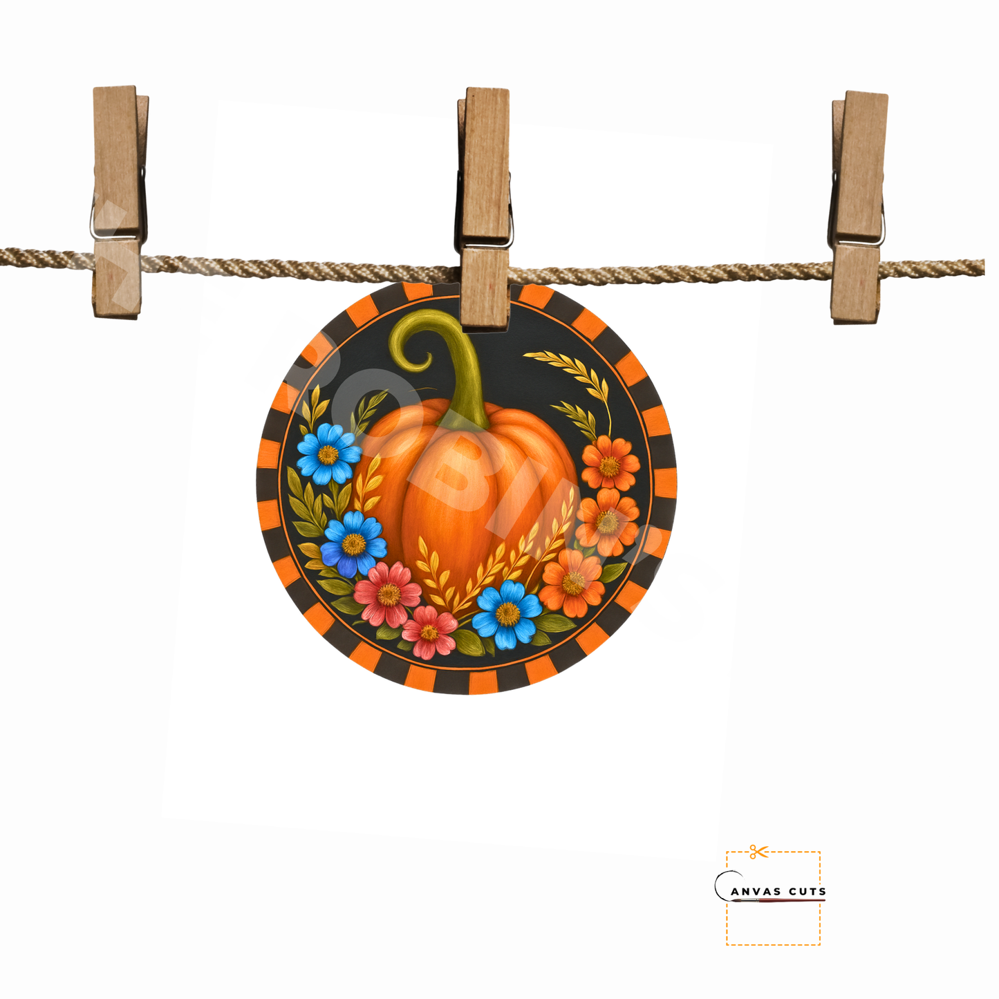 Pumpkin with Blue & Orange Flowers – Fall Craft Canvas with Orange & Black Border for Door Hangers & Signs