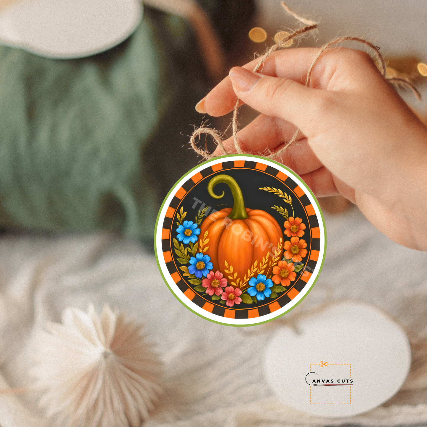 Pumpkin with Blue & Orange Flowers – Fall Craft Canvas with Orange & Black Border for Door Hangers & Signs