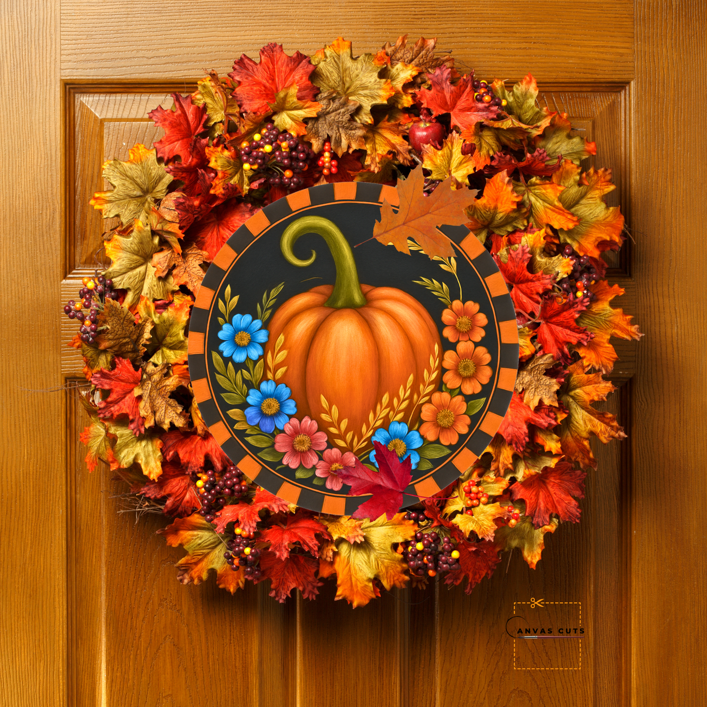 Pumpkin with Blue & Orange Flowers – Fall Craft Canvas with Orange & Black Border for Door Hangers & Signs