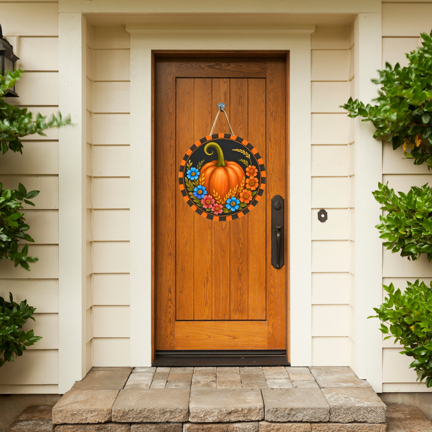 Pumpkin with Blue & Orange Flowers – Fall Craft Canvas with Orange & Black Border for Door Hangers & Signs