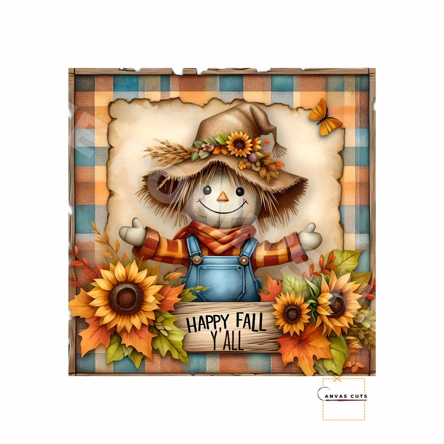 Scarecrow with Sunflowers – Personalizeable Canvas Cut for DIY Crafting, Fall Décor & Craft Shows