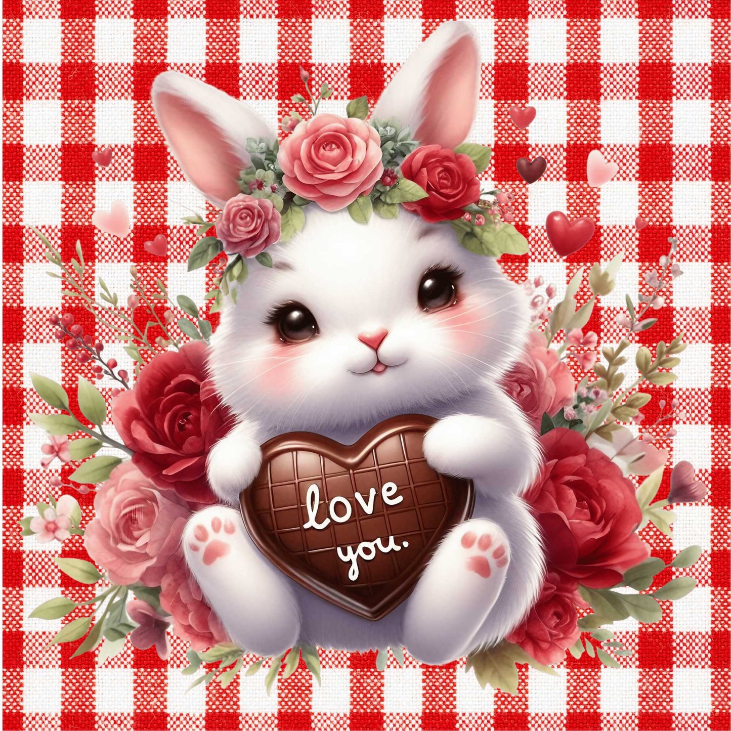 Valentine's Day - Plaid Bunny Love You Fabric Canvas