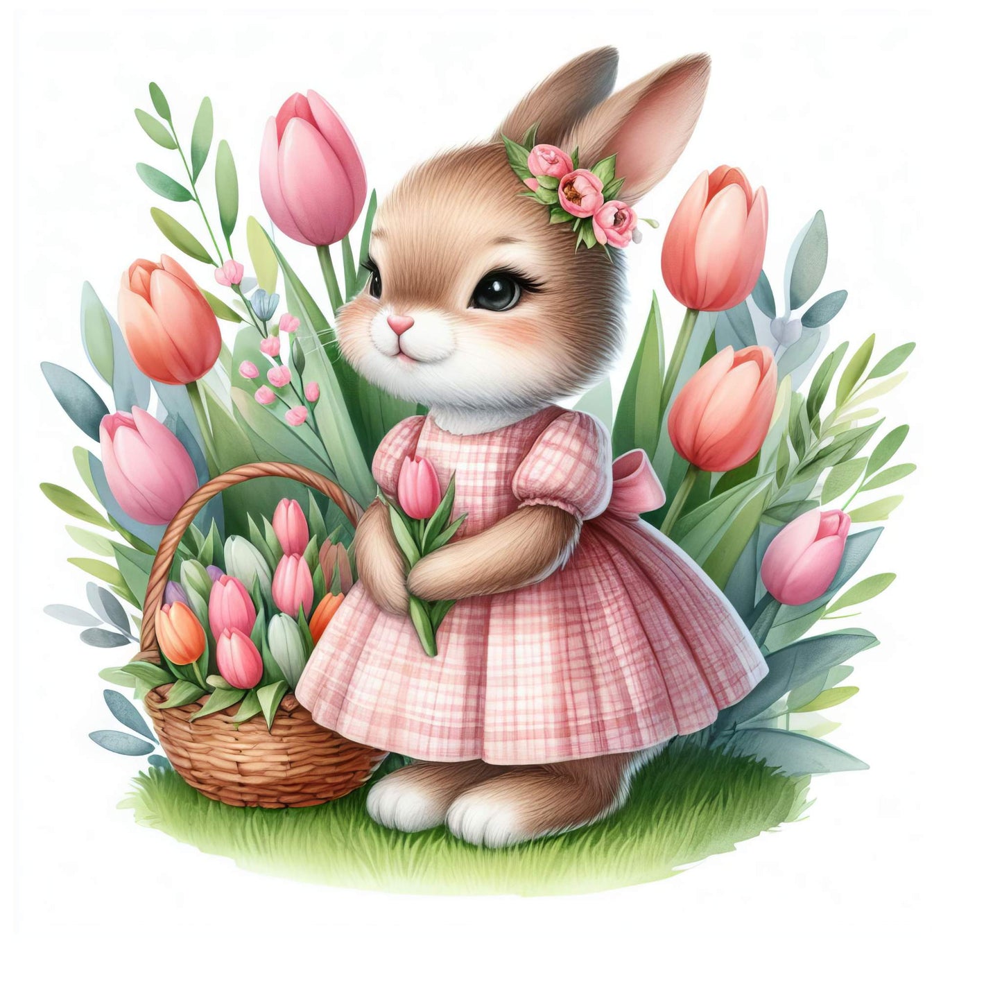 Spring Rabbit with Basket of Tulips Fabric Canvas