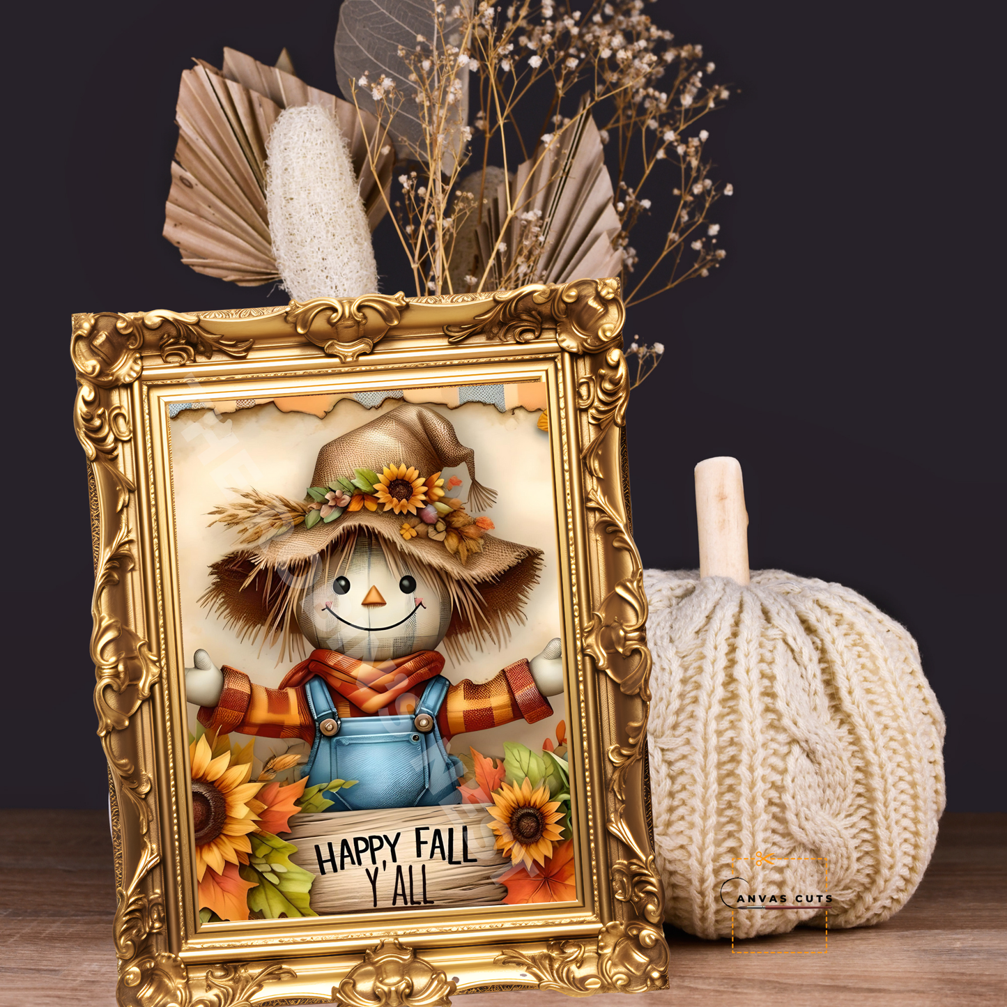 Scarecrow with Sunflowers – Personalizeable Canvas Cut for DIY Crafting, Fall Décor & Craft Shows