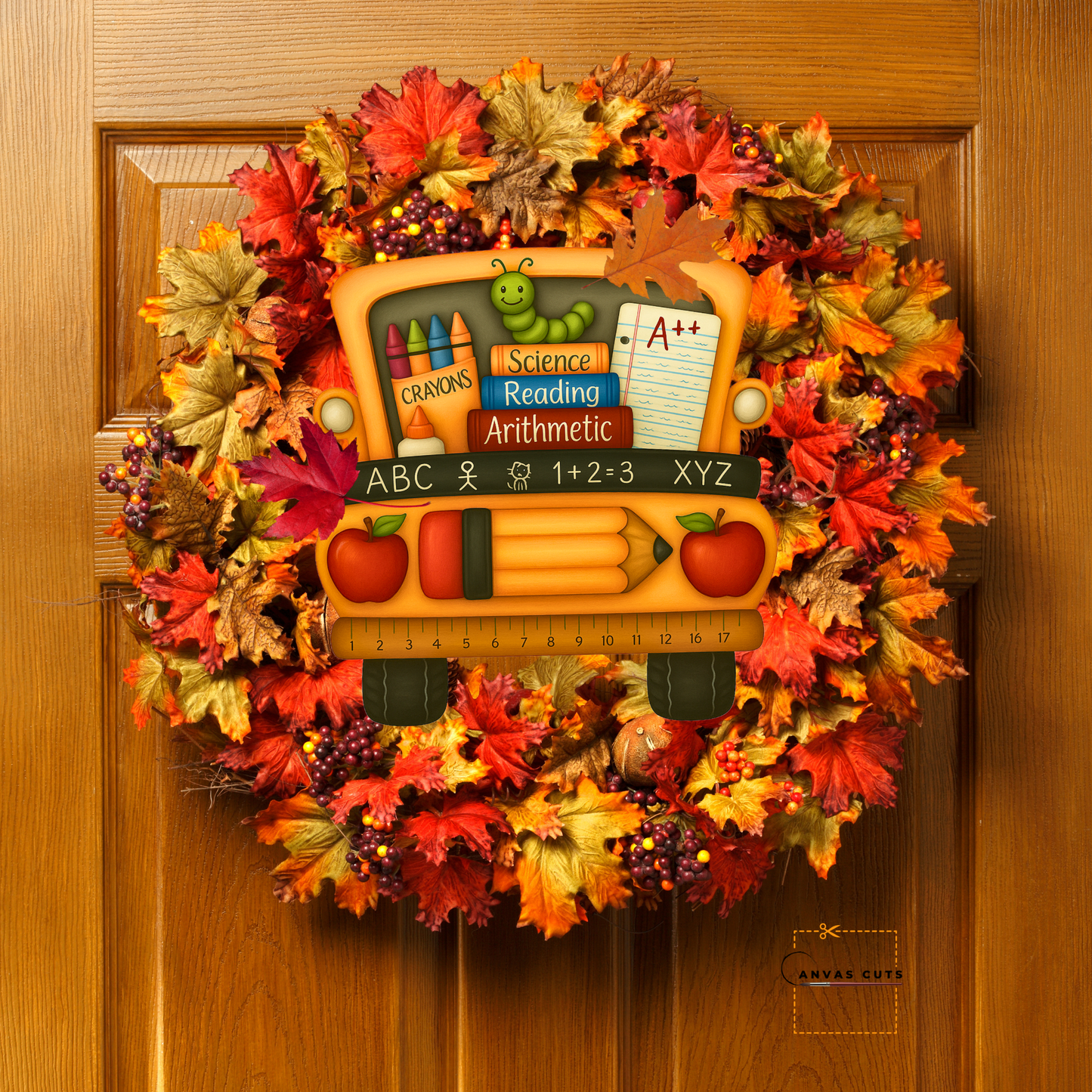 School Bus with Cute School Supplies – Back-to-School Craft Canvas for Teacher Gifts, Signs & Wreaths