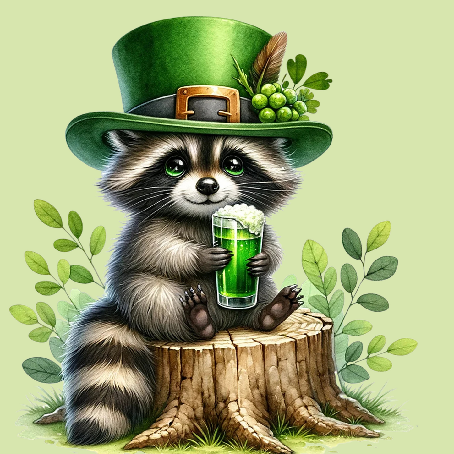 St. Patrick's Day - Raccoon Drinking Beer Fabric Canvas