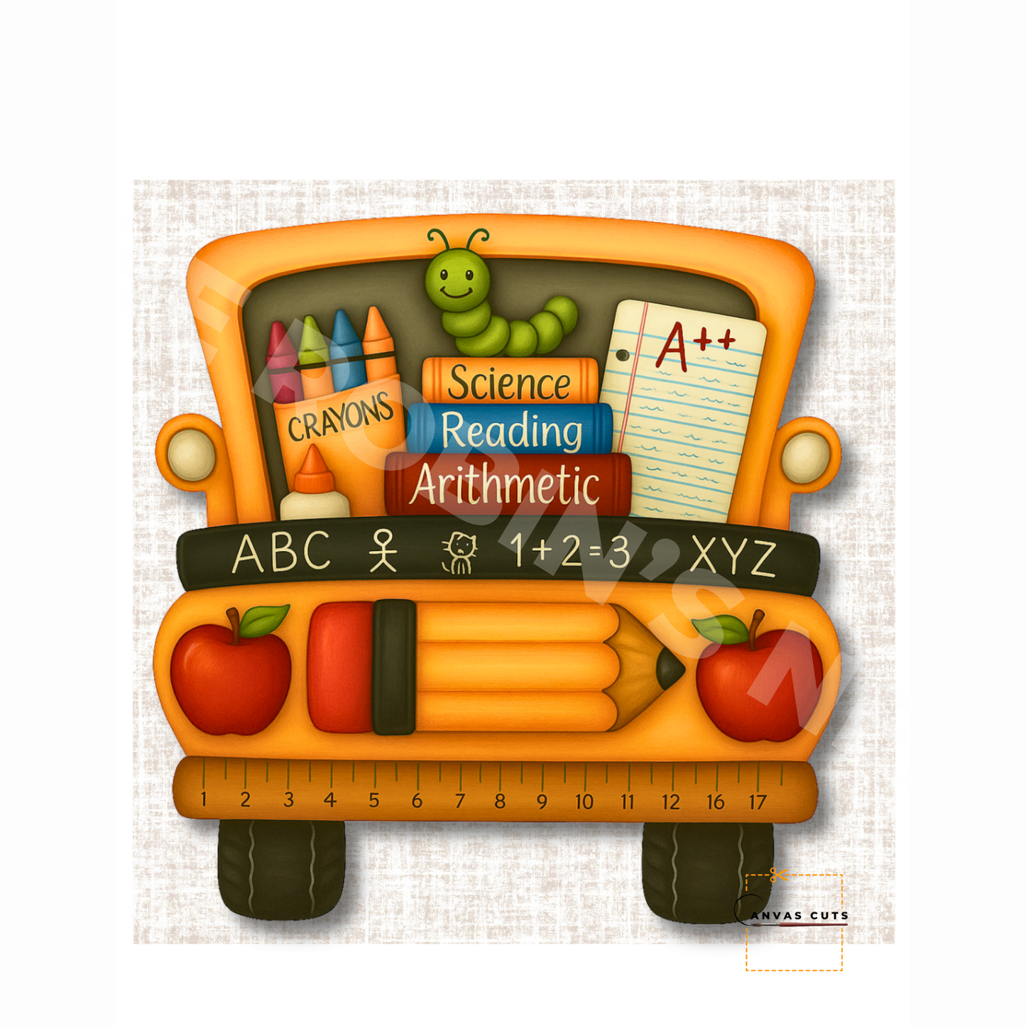 School Bus with Cute School Supplies and background– Back-to-School Craft Canvas for Teacher Gifts, Signs & Wreaths (Copy)