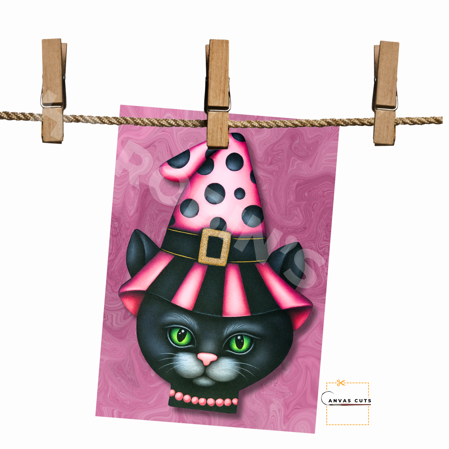 Esmeralda the Black Cat with Pink Witch’s Hat – Personalizeable Printed Fine Art Canvas for DIY Crafting, Halloween Décor & Craft Shows