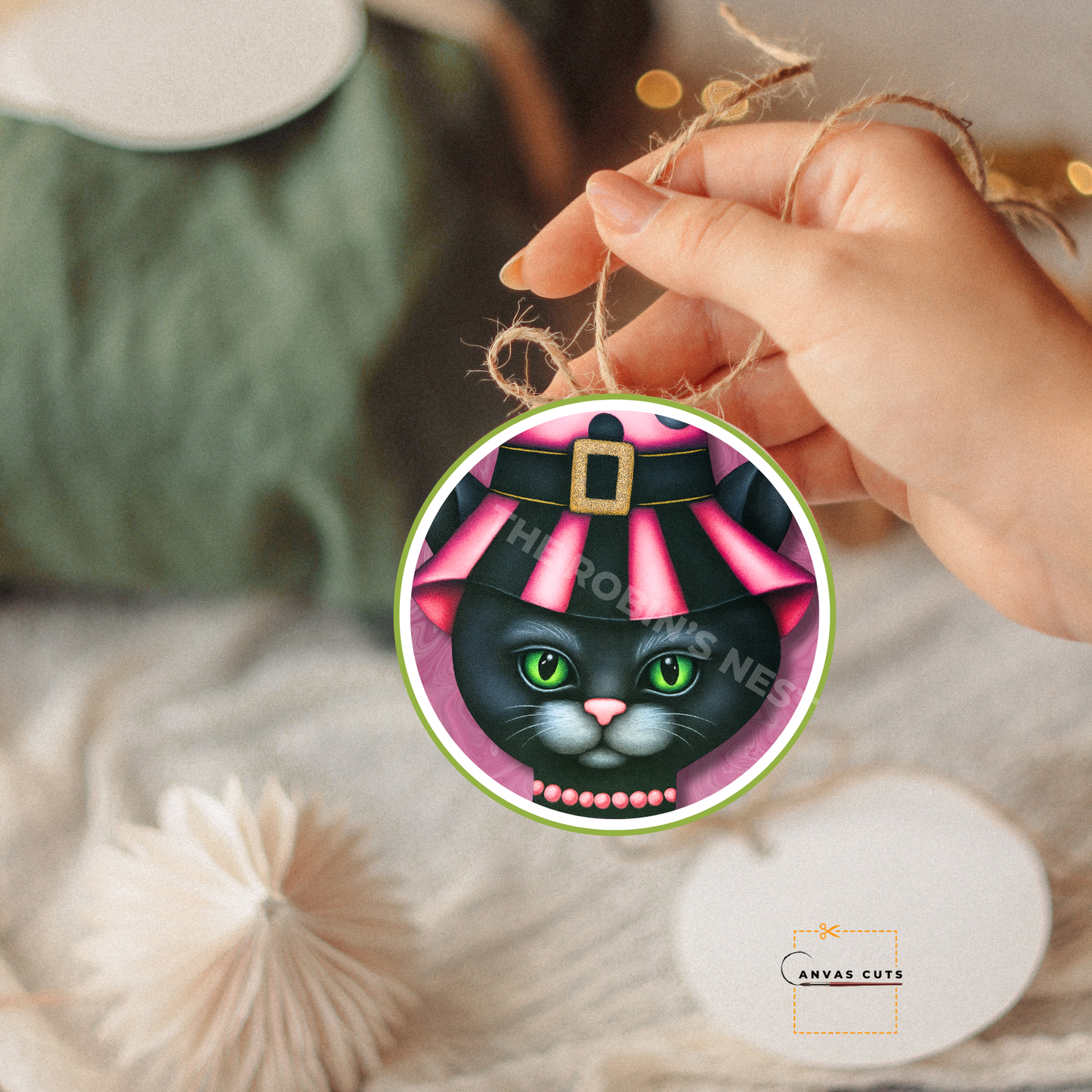 Esmeralda the Black Cat with Pink Witch’s Hat – Personalizeable Printed Fine Art Canvas for DIY Crafting, Halloween Décor & Craft Shows