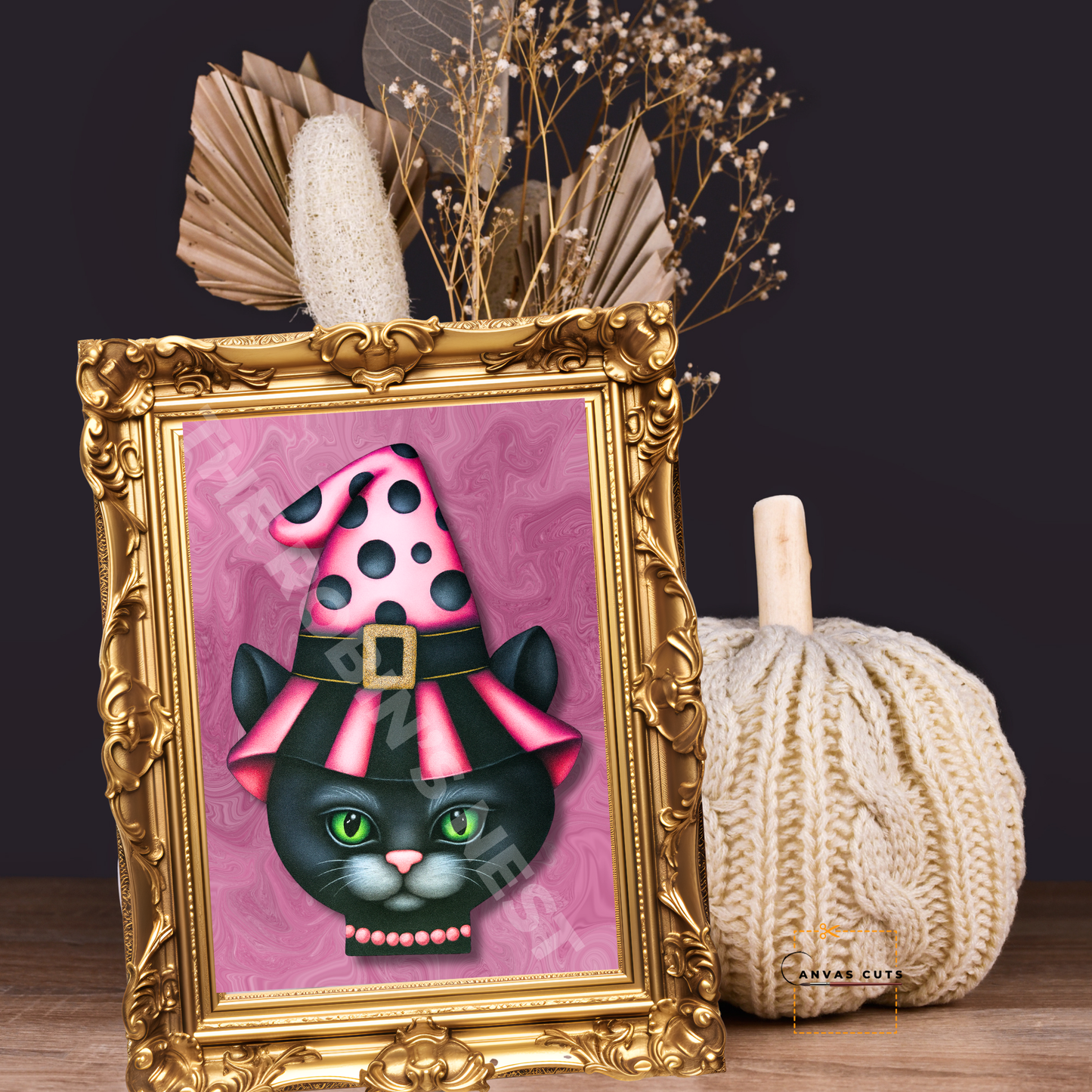 Esmeralda the Black Cat with Pink Witch’s Hat – Personalizeable Printed Fine Art Canvas for DIY Crafting, Halloween Décor & Craft Shows